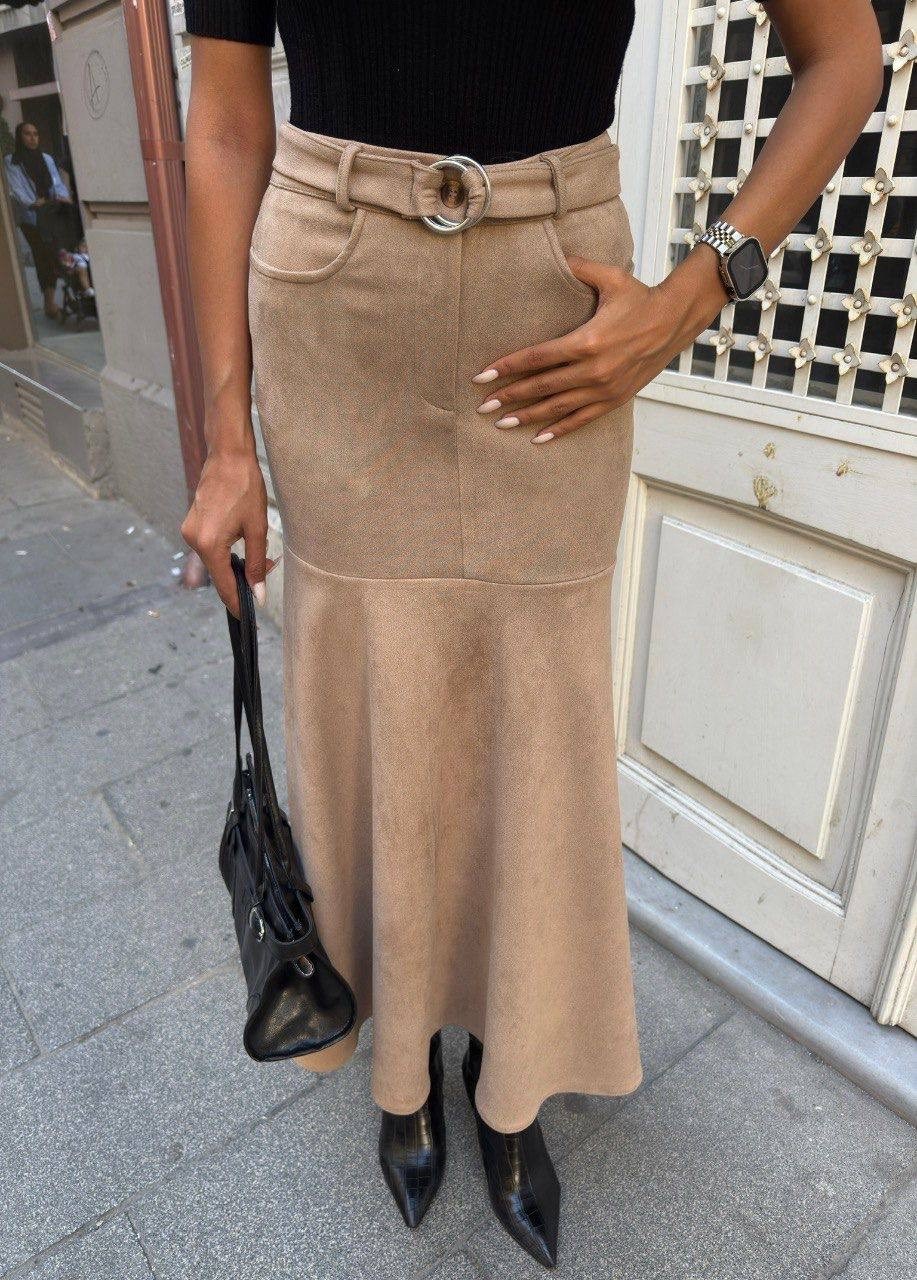 юбка трапеция из экозамши,юбка,бежевая юбка,длинная юбка,модели юбки