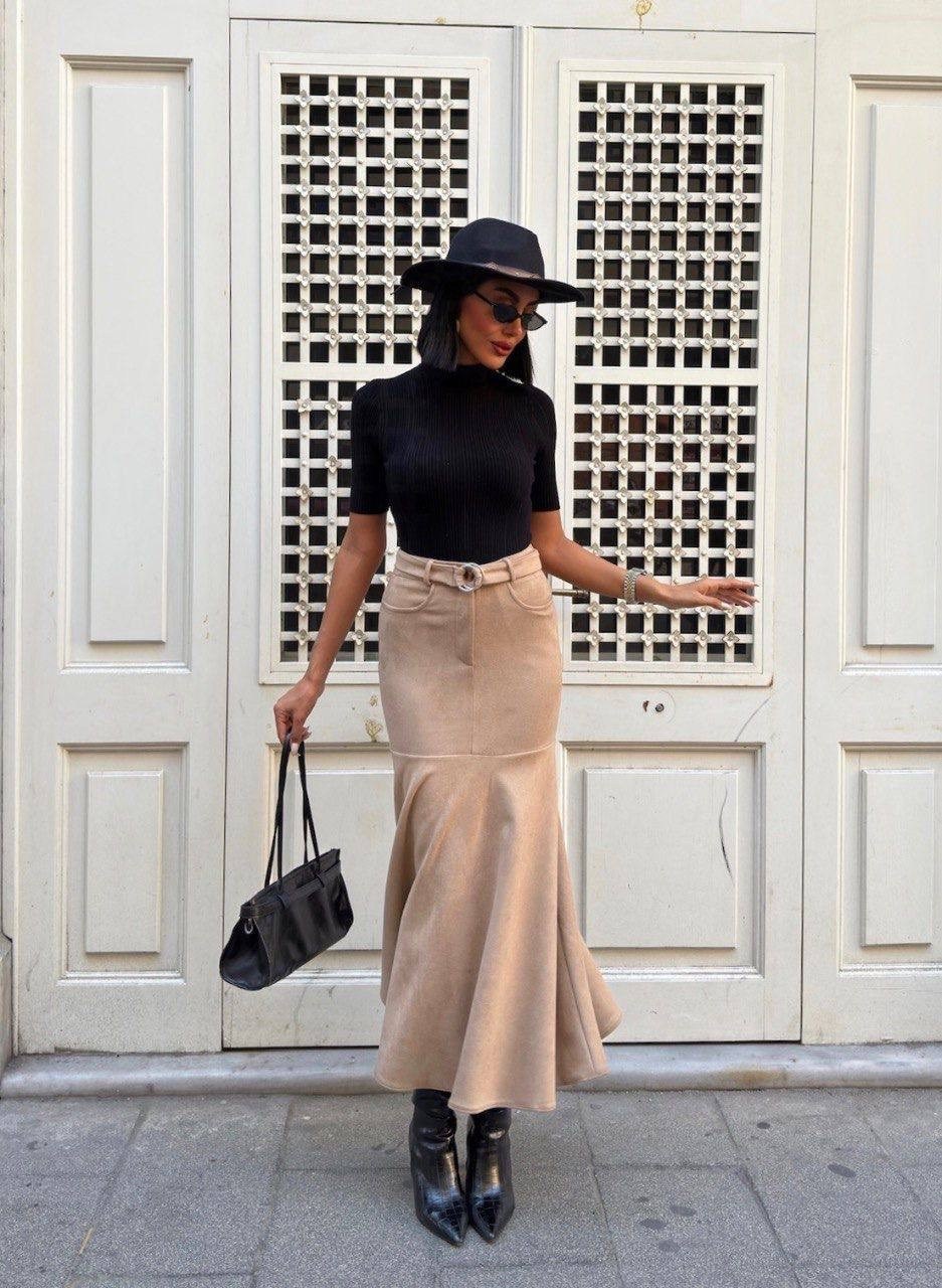 юбка трапеция из экозамши,юбка,бежевая юбка,длинная юбка,модели юбки
