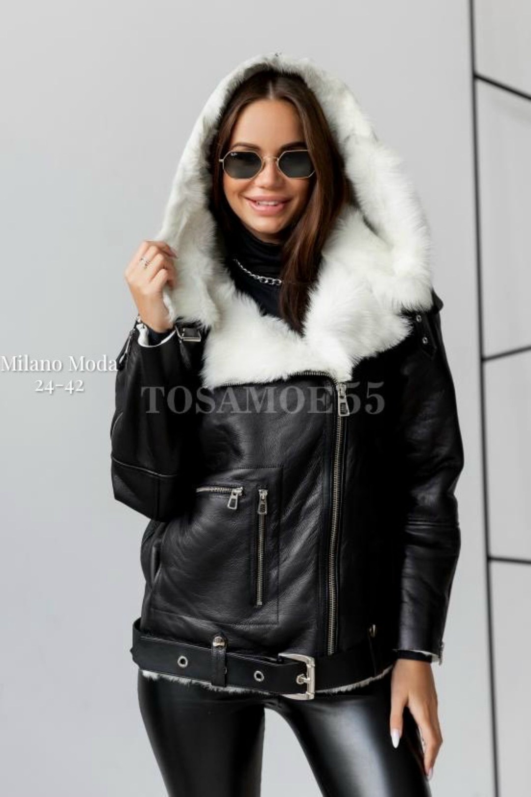 женская дубленка,черная дубленка,кожаная куртка с мехом,дубленка авиатор с капюшоном,дублёнка авиатор