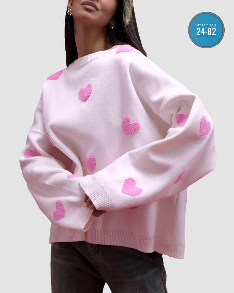 свитер туника,свитер с сердечками,свитер оверсайз сердце,свитера женские,свитер с сердцем