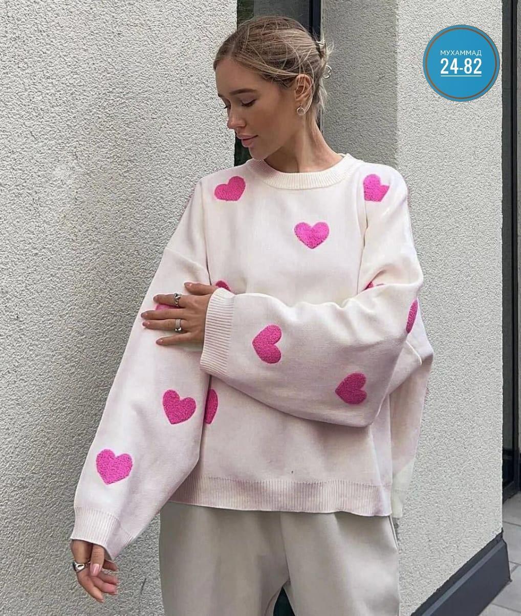 свитер туника,свитер с сердечками,свитер оверсайз сердце,свитера женские,свитер с сердцем