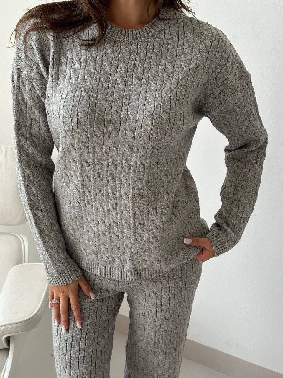 костюм вязаный теплый,вязаные костюмы,вязаный серый костюм женский,костюм вязаный теплый с брюками,модные трикотажные костюмы