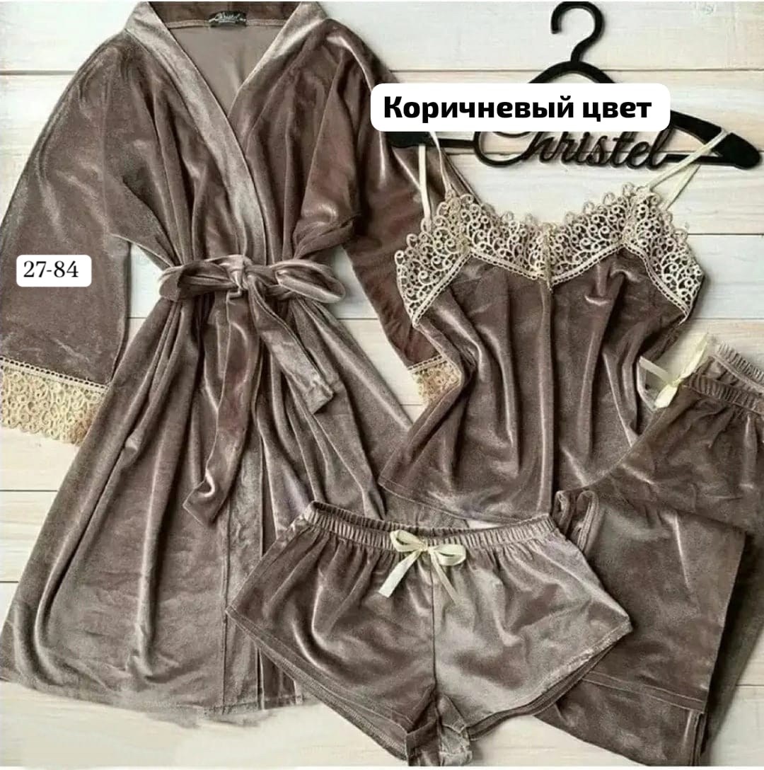 пижама женская велюровая тройка,пеньюар женский комплект велюр,пижама велюр,пижама женская велюр,пижама велюр 4в1 виктория