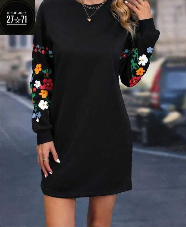 платье свитшот,платье с вышитыми рукавами,женский платье,трикотажное платье,платье