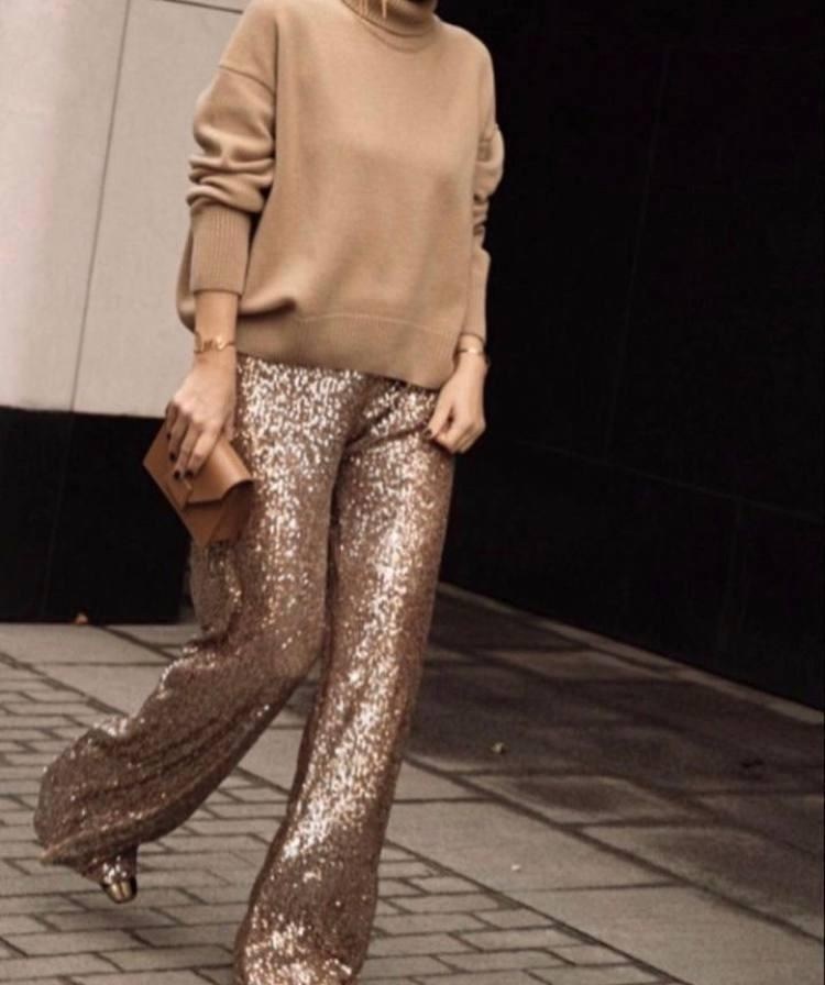 брюки с пайетками образы,стильные наряды,брюки с пайетками,брюки блестящие,брюки палаццо блестящие