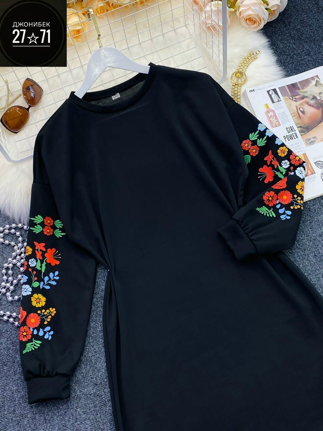 платье свитшот,платье с вышитыми рукавами,женский платье,трикотажное платье,платье