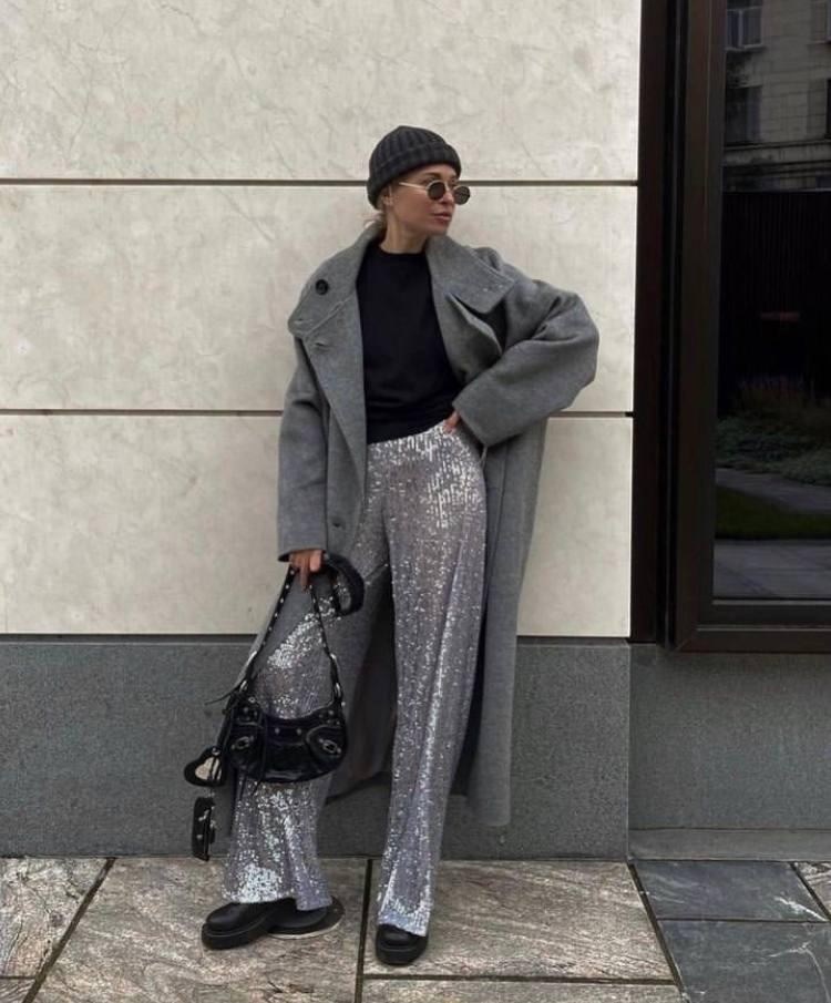 брюки с пайетками образы,стильные наряды,брюки с пайетками,брюки блестящие,брюки палаццо блестящие