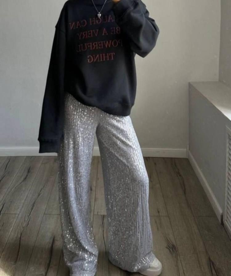 брюки с пайетками образы,стильные наряды,брюки с пайетками,брюки блестящие,брюки палаццо блестящие