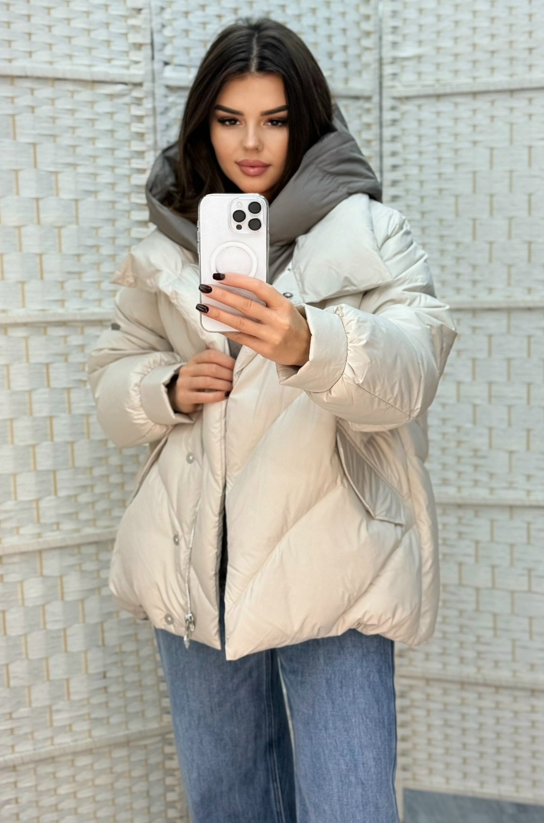 стильные пуховики,модные пуховики,куртка женская,бежевый пуховик,куртка оверсайз