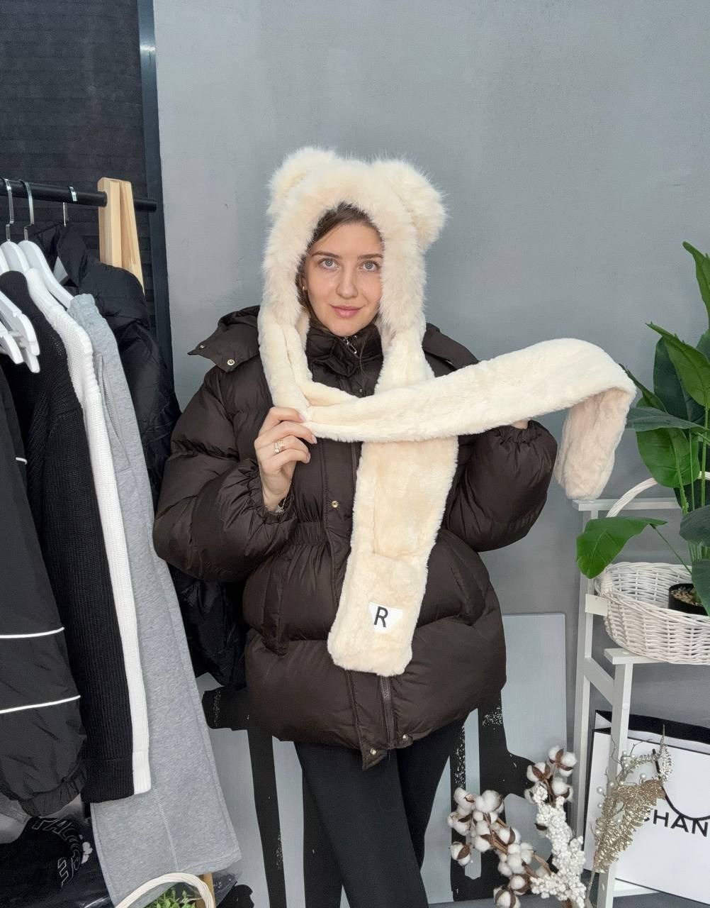 плюшевая шапка,комплект шапки,шапка шарф перчатки,шапка шарф с ушками,шарф с капюшоном