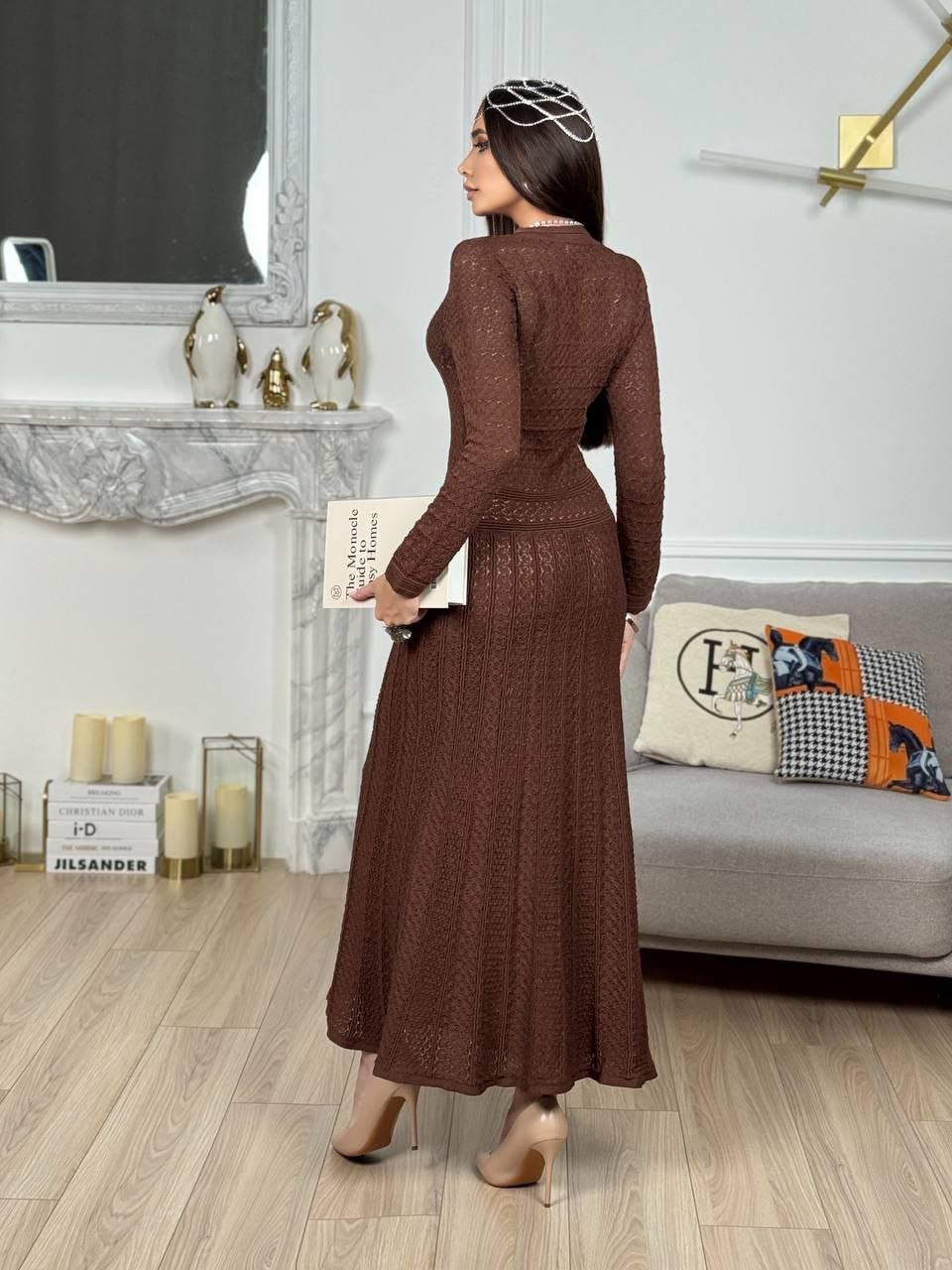 платье вязаное длинное,платье коричневое,стильные костюмы,элегантные кардиганы,вязаное платье