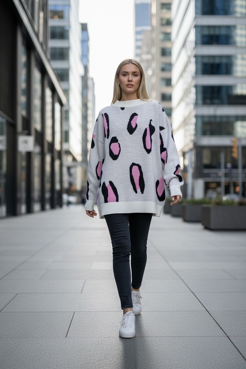 женский удлиненный джемпер оверсайз с леопардовым,свитер оверсайз женский леопард,свитера женские,джемпер с принтом,джемпер с леопардовым принтом