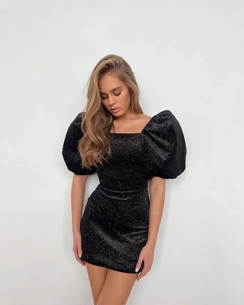 вечернее платье мини,платья мини,платье короткие,маленькое черное платье с рукавами фонариками,платье из люрекса