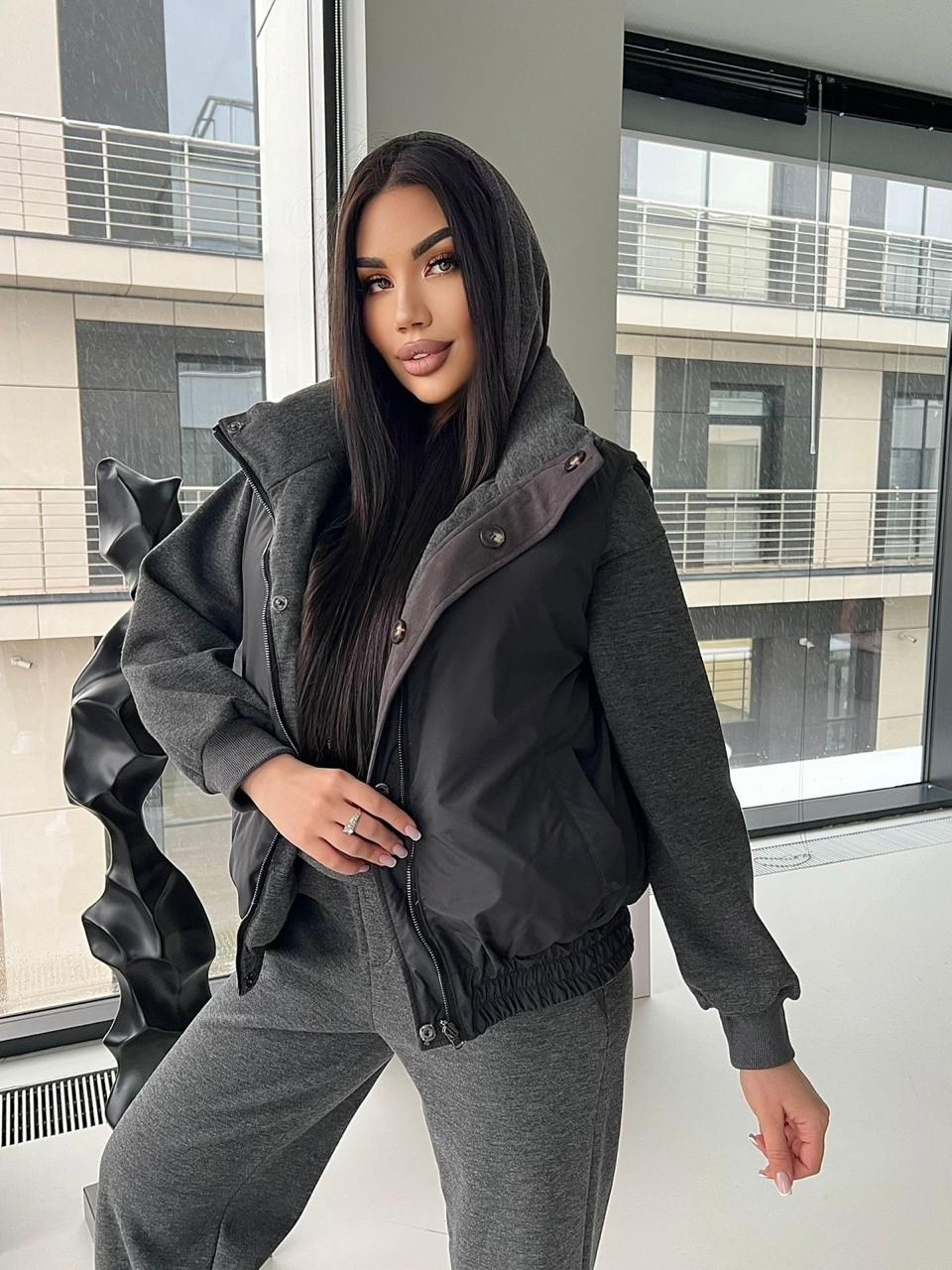 костюм тройка женский,костюм тройка,костюм на флисе,серый костюм тройка,костюм тройка с курткой