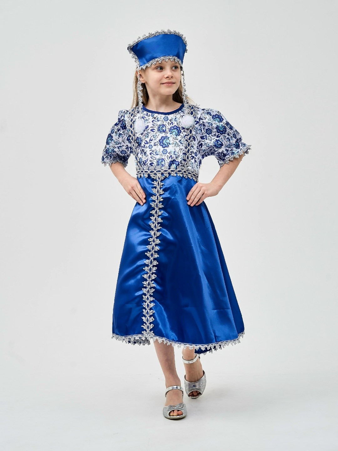 костюм гжель для девочки,снегурочка гжель батик костюм,костюмы снегурочки,костюм гжель,костюм русский народный для девочки