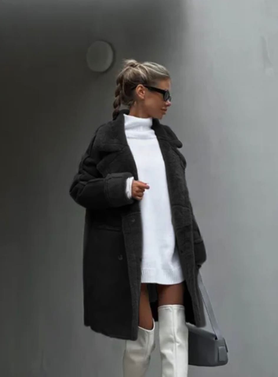 дубленка удлиненная,стильная дубленка,пальто средней длины,серая дубленка женская,стильное пальто