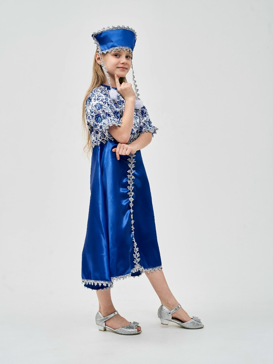 костюм гжель для девочки,снегурочка гжель батик костюм,костюмы снегурочки,костюм гжель,костюм русский народный для девочки