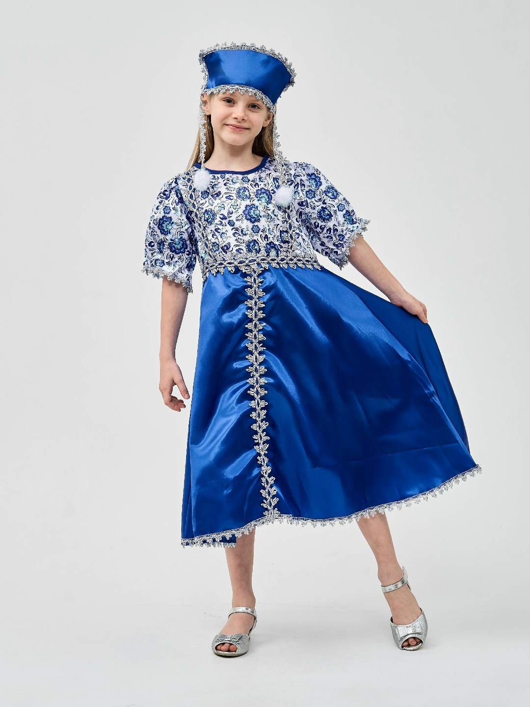 костюм гжель для девочки,снегурочка гжель батик костюм,костюмы снегурочки,костюм гжель,костюм русский народный для девочки