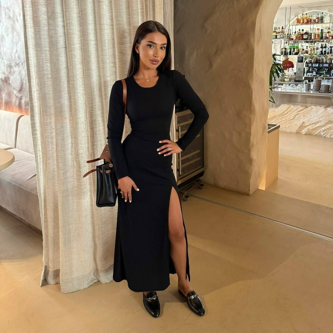 платье черное,элегантное платье,стильное платье,длинное платье с разрезом,облегающее платье