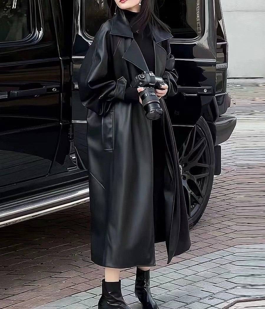 плащ из искусственной кожи,кожаный плащ женский,тренч кожаный,длинный плащ,пальто средней длины