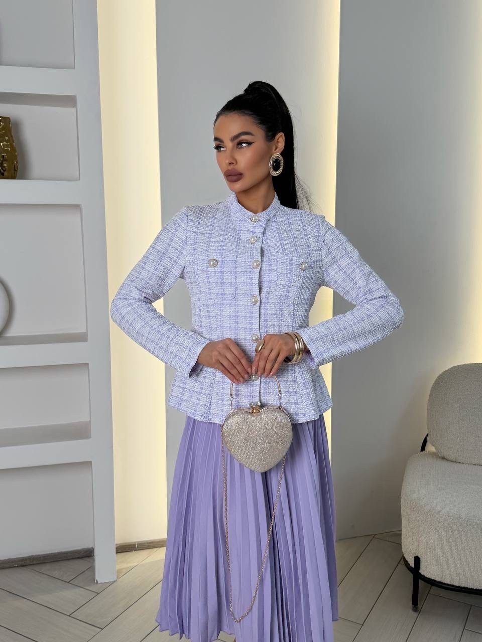 юбка плиссе,костюм с юбкой плиссе,твидовый костюм с юбкой,плиссированная юбка миди,костюм с юбкой женский