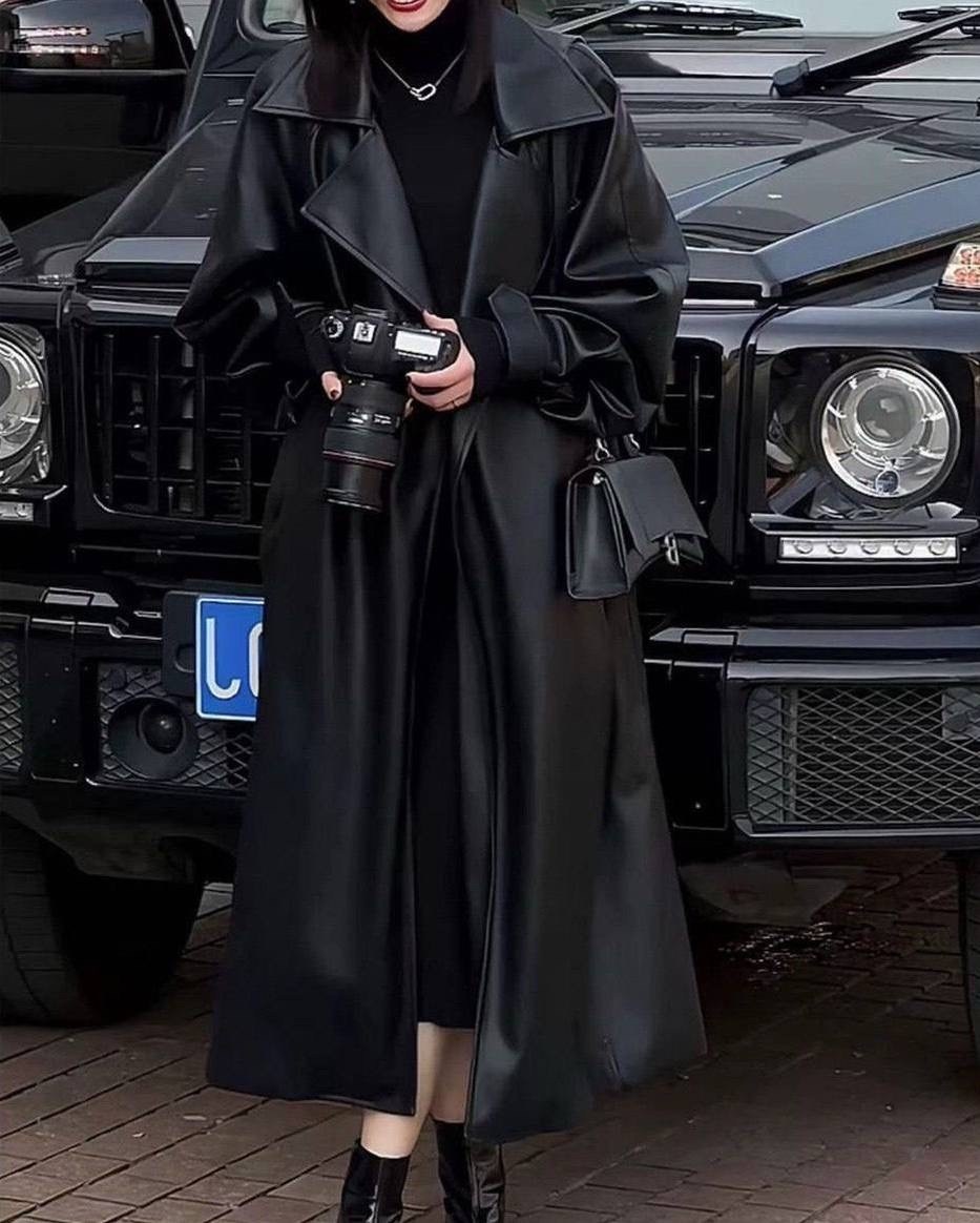 плащ из искусственной кожи,кожаный плащ женский,тренч кожаный,длинный плащ,пальто средней длины