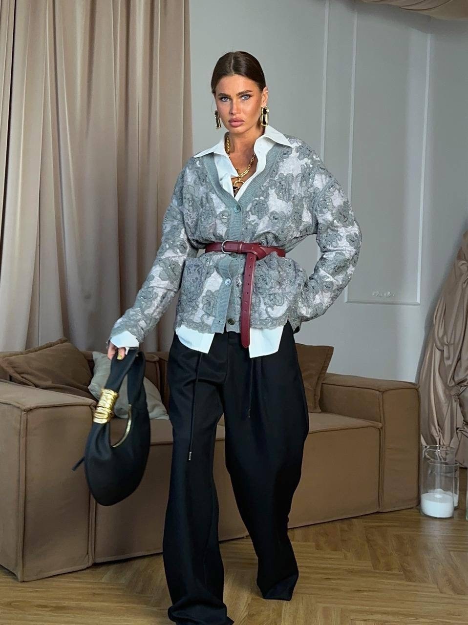 трикотажный костюм,костюм с брюками,костюм стильный,брючный комплект,серый кардиган