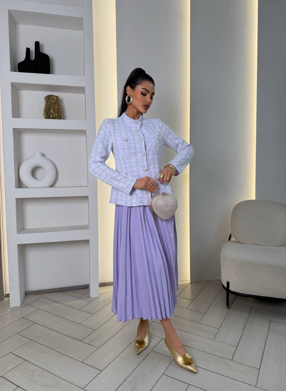 юбка плиссе,костюм с юбкой плиссе,твидовый костюм с юбкой,плиссированная юбка миди,костюм с юбкой женский