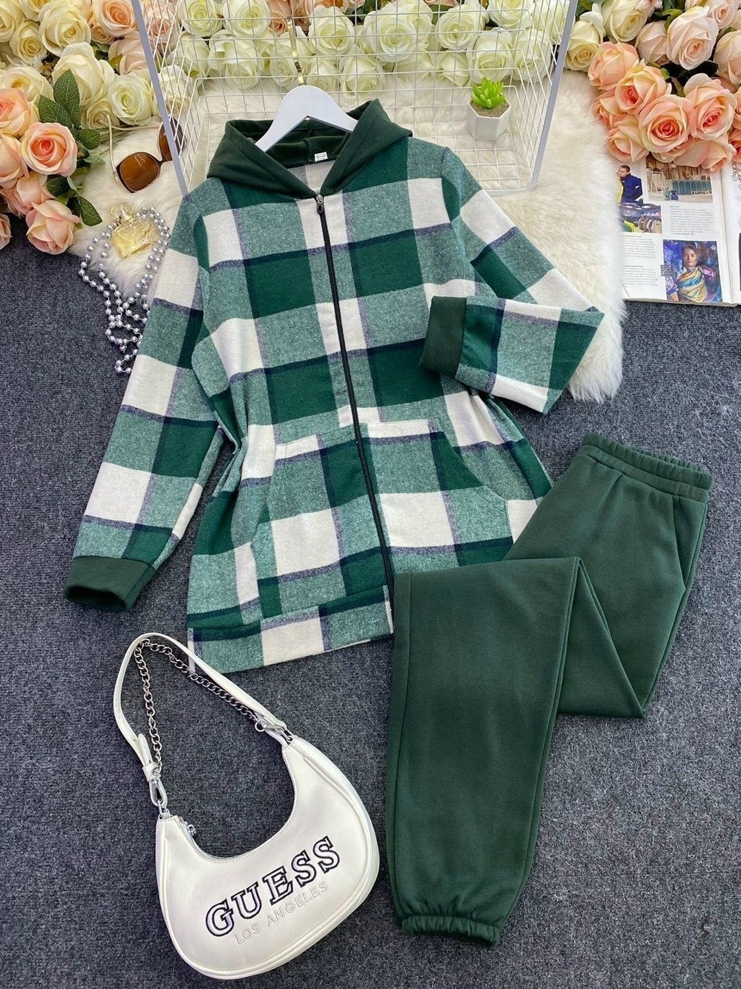оверсайз рубашка в клетку с капюшоном,женский костюм на флисе,костюм женский теплый,женский костюм двойка,теплый костюм