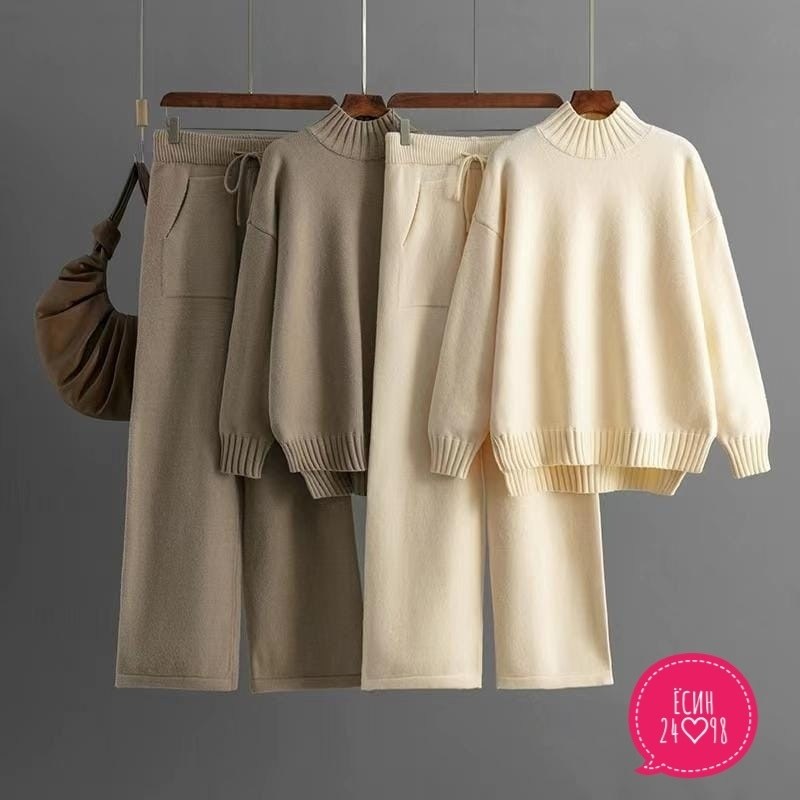 комплект свитер,женский вязаный костюм bgteever,свитер с широкими штанинами,трикотажный костюм,вязаные костюмы