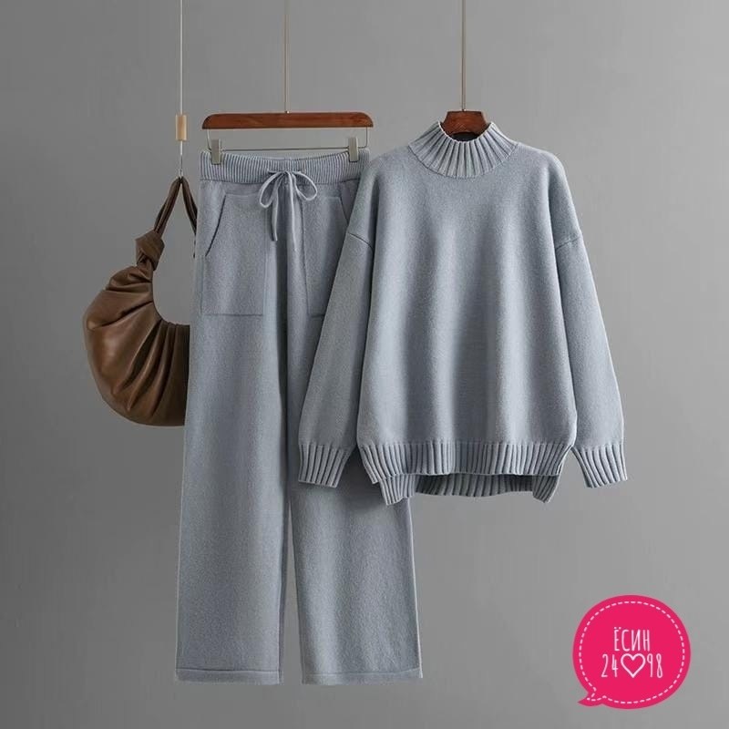 комплект свитер,женский вязаный костюм bgteever,свитер с широкими штанинами,трикотажный костюм,вязаные костюмы