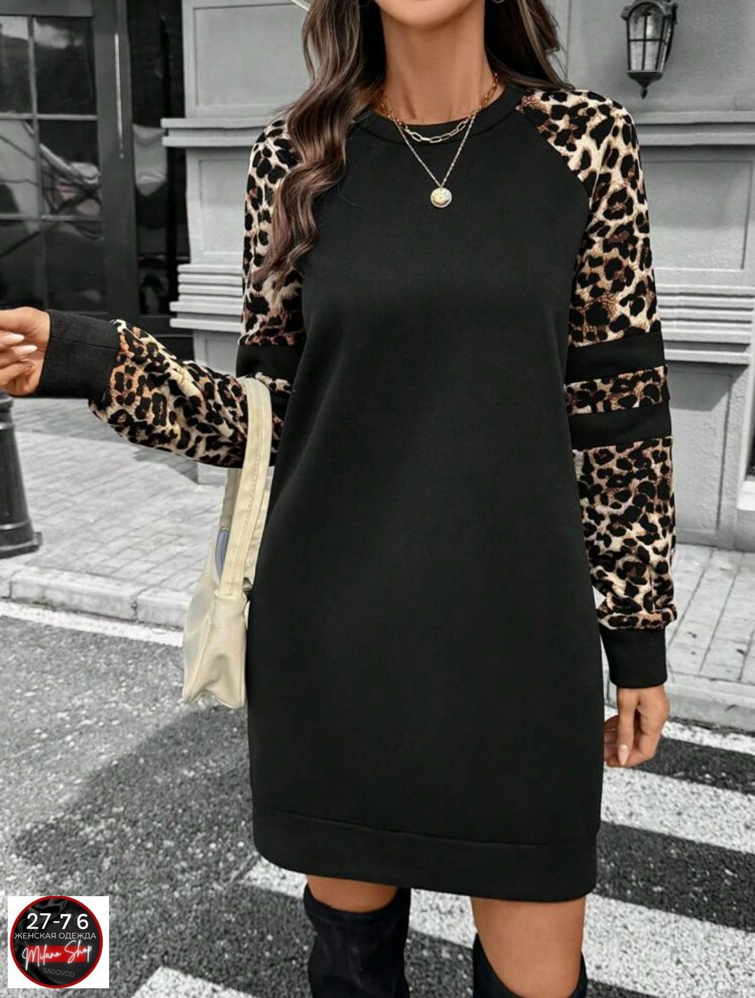 платье модное,черное платье с леопардовыми рукавами,женский платье,женское повседневное платье,платье флис