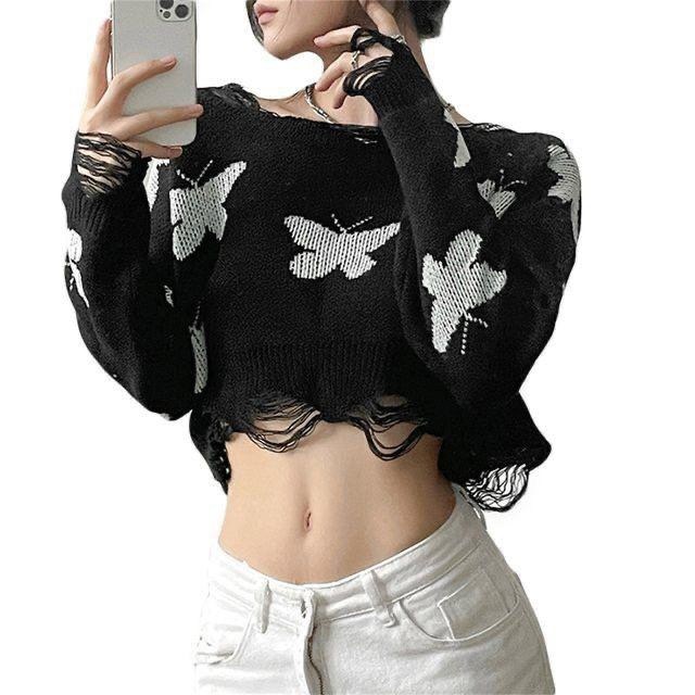свитер с дырками,шикарные женские свитера zoki с дырками,свитер с бабочками,свитеры модные,вязаный свитер с принтом