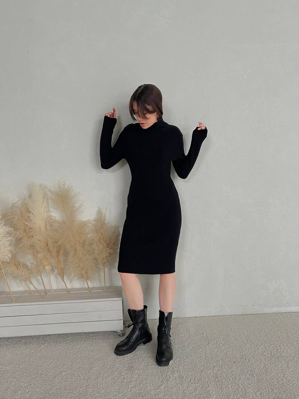 трикотажное платье,вязаное платье женское,платье свитер вязаное,черное платье лапша,теплое платье свитер