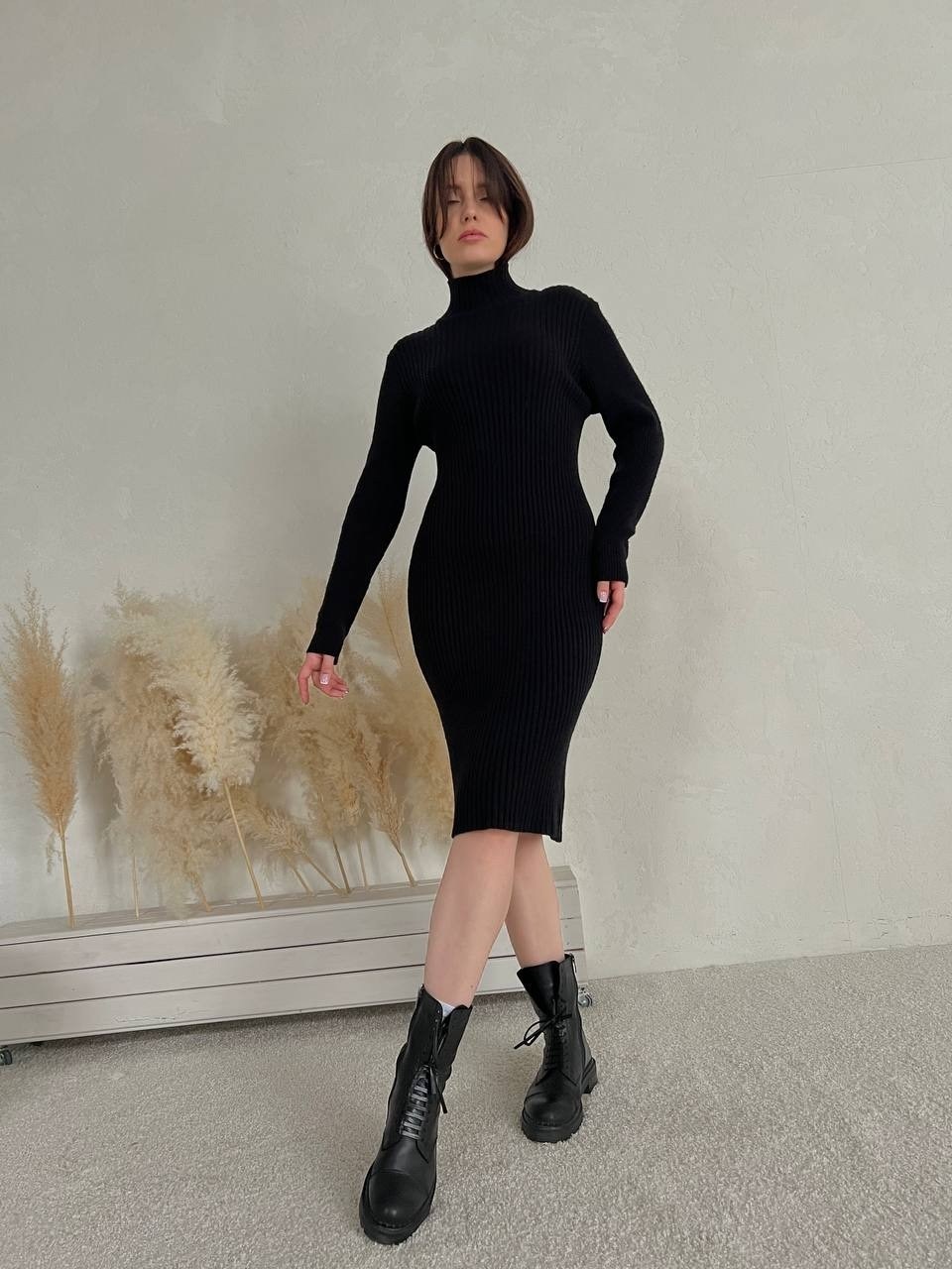 трикотажное платье,вязаное платье женское,платье свитер вязаное,черное платье лапша,теплое платье свитер