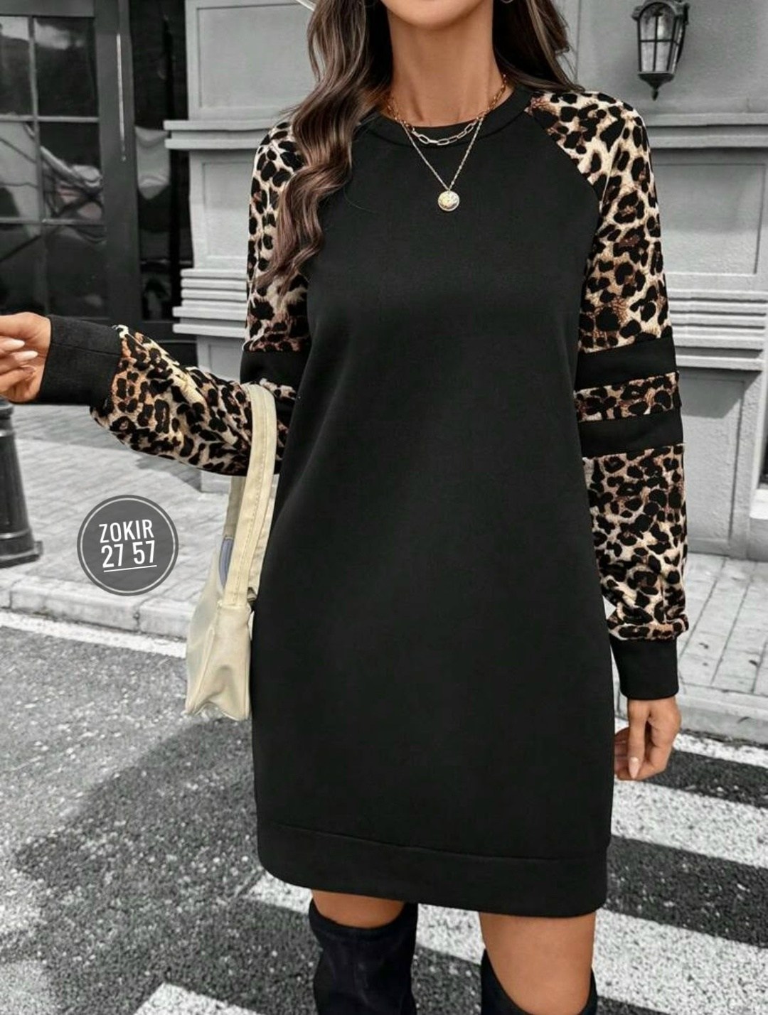 платье модное,черное платье с леопардовыми рукавами,женский платье,платье с длинным рукавом и леопардовым принтом,черное платье с рукавами под леопард