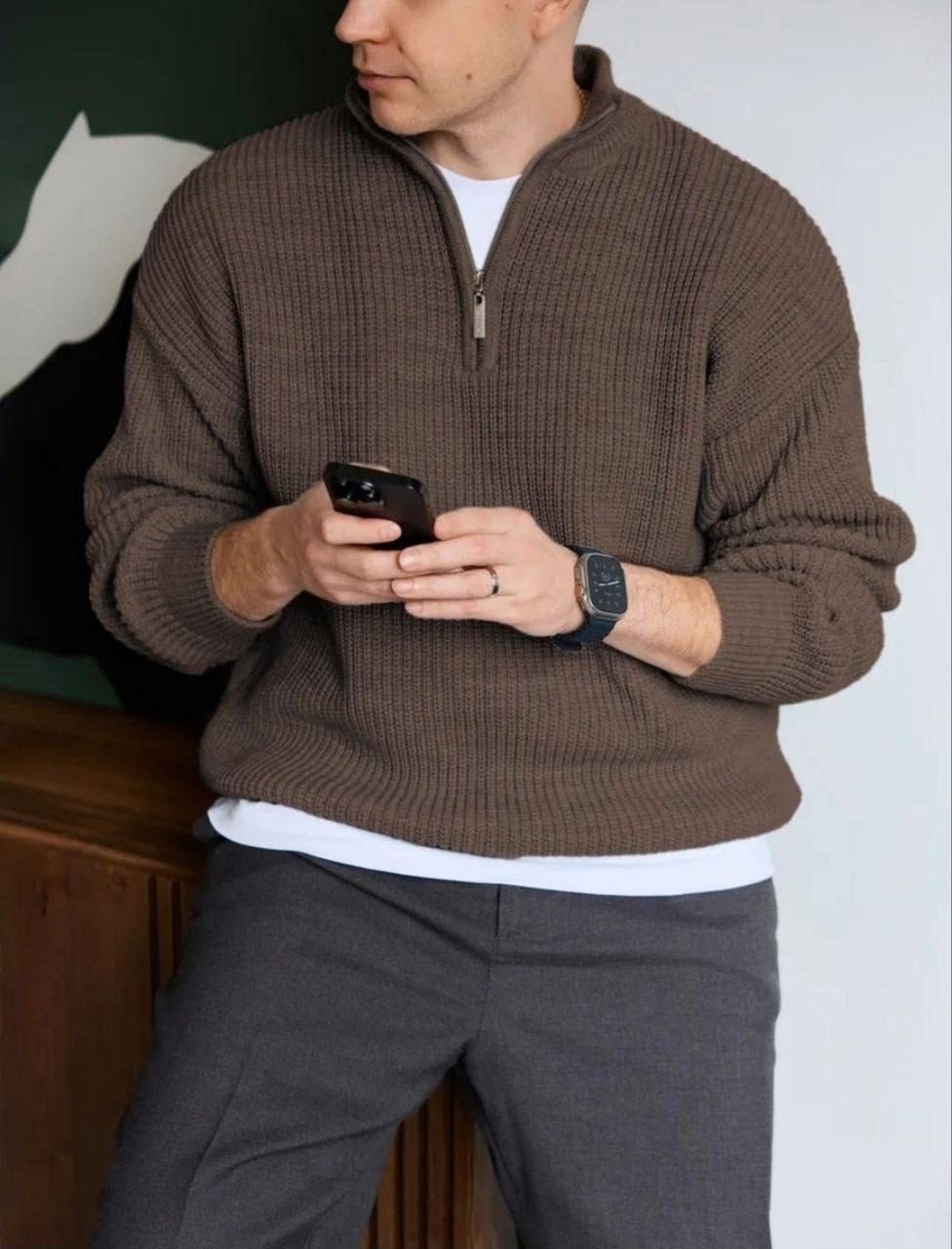 свитер джемпер,свитеры мужские,коричневая кофта,кофта с горлом на молнии,свитер с воротником