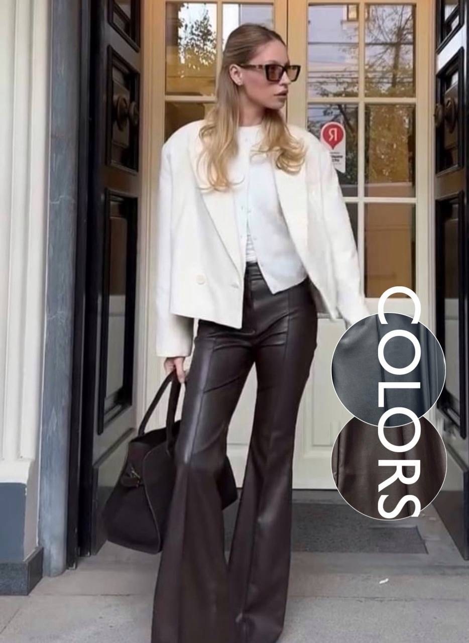 кожаные брюки женские,кожаные брюки,брюки клеш кожаные,брюки клеш экокожа,коричневые кожаные брюки