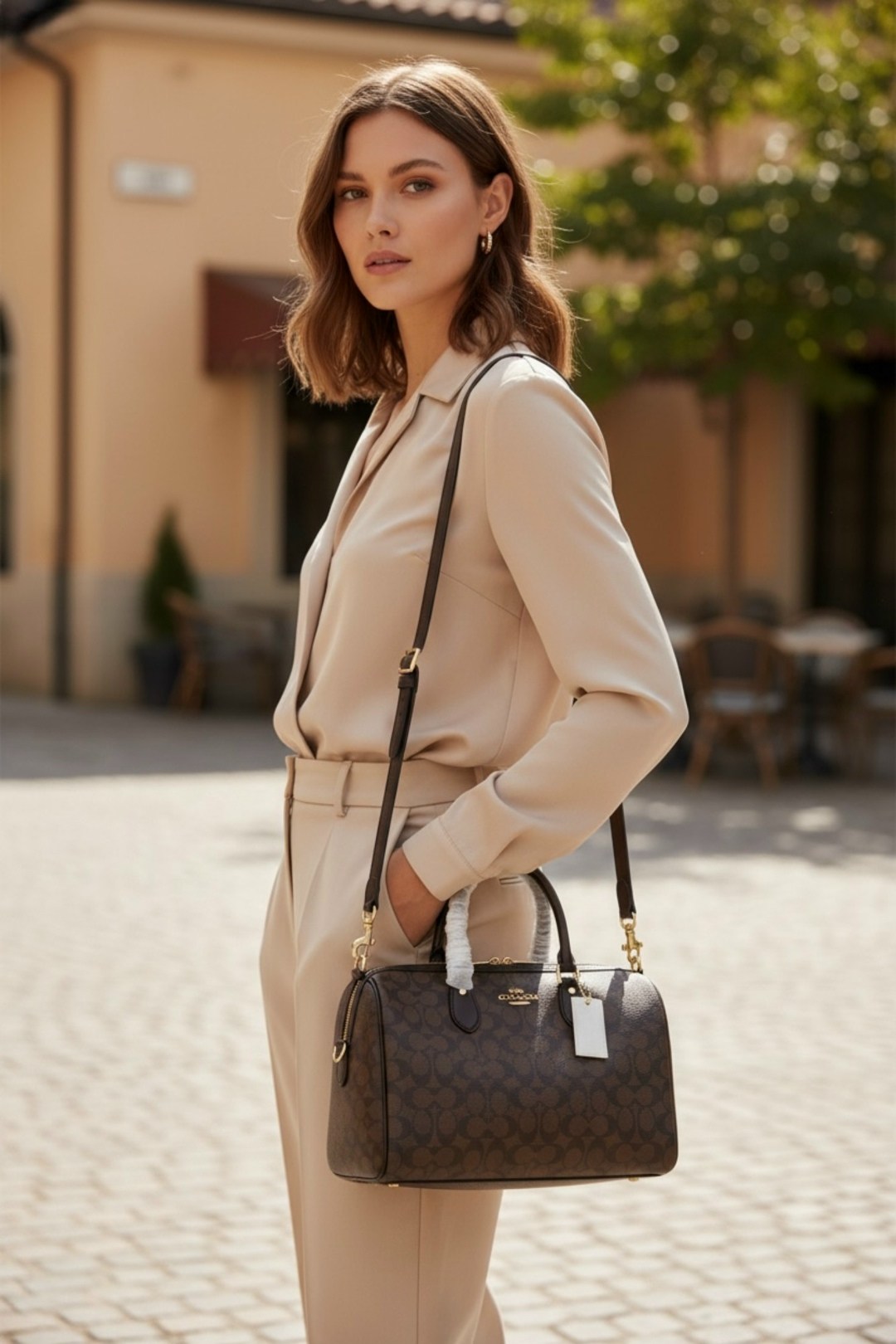 сумка женская coach,женский сумка,модная сумка,сумка женская coach dempsey carryall на модели,coach handbag