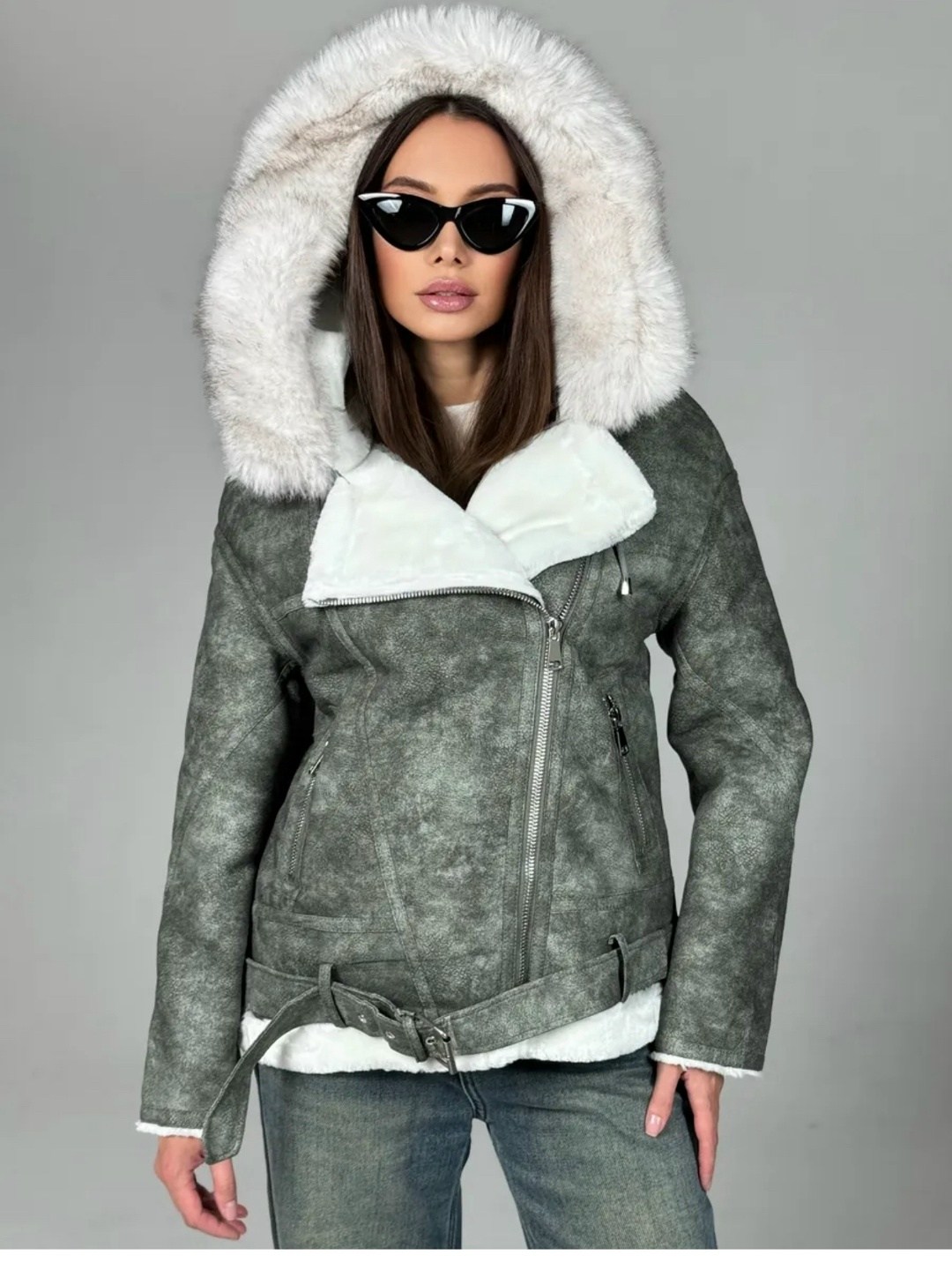 серая дубленка авиатор,дубленка женская,серая дубленка,зимняя дубленка женская,стильная дубленка
