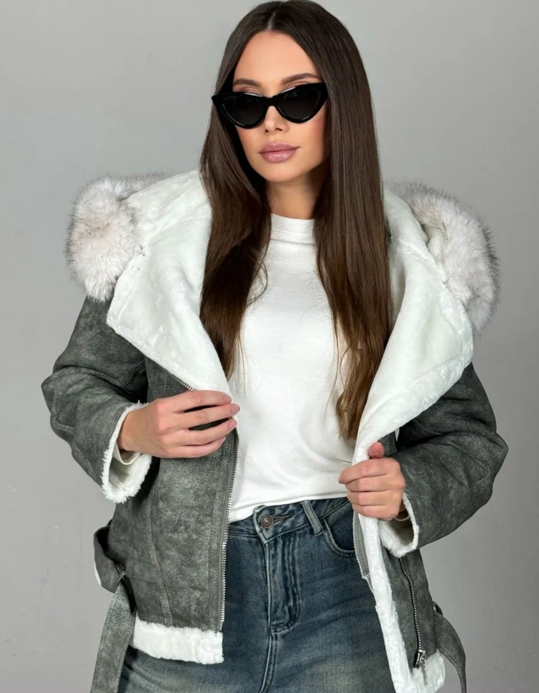 серая дубленка авиатор,дубленка женская,серая дубленка,зимняя дубленка женская,стильная дубленка