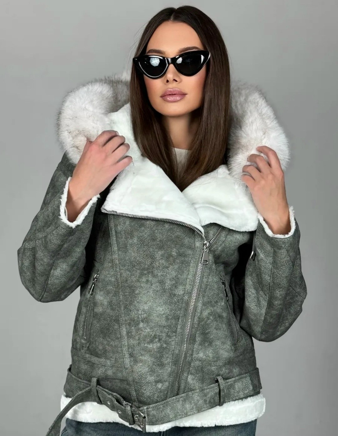 серая дубленка авиатор,дубленка женская,серая дубленка,зимняя дубленка женская,стильная дубленка