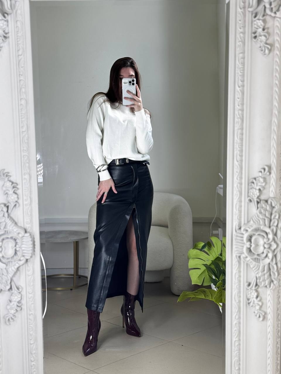 юбка из искусственной кожи,юбка кожаная миди с разрезом,кожаная юбка с разрезом,длинная кожаная юбка,юбка из экокожи миди