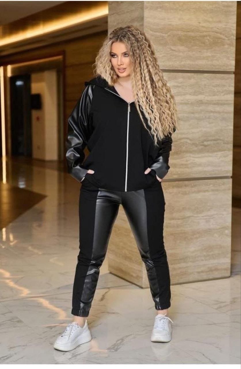 костюм комбинированный,стильные костюмы,женская кофта,костюмы двойки женские больших размеров,костюм брючный из экокожи модный