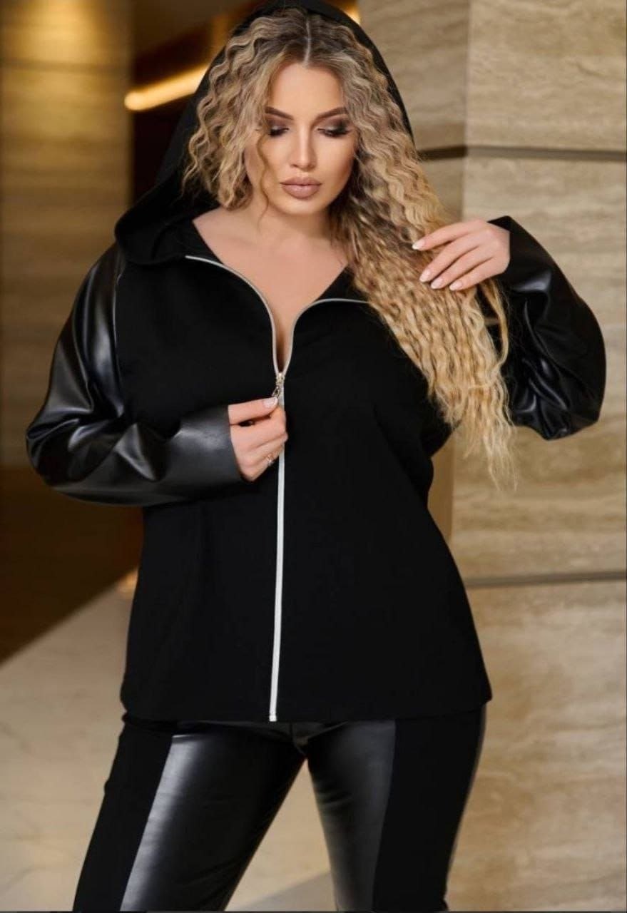 костюм комбинированный,стильные костюмы,женская кофта,костюмы двойки женские больших размеров,костюм брючный из экокожи модный