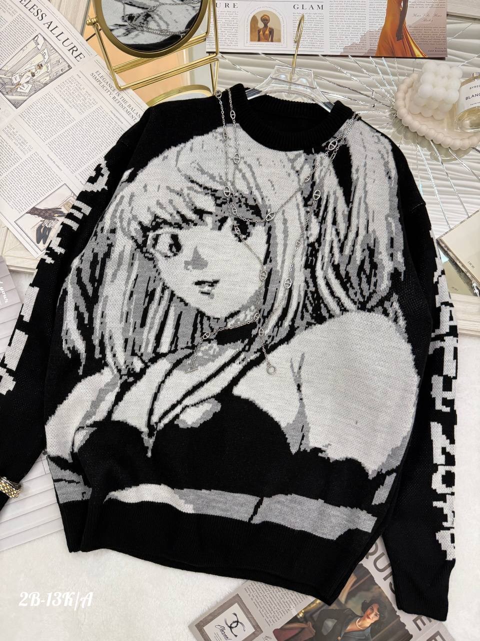 свитер аниме оверсайз,свитер женский оверсайз вязаный с принтом,свитер оверсайз с принтом аниме миса амане,свитер аниме,свитер с принтом