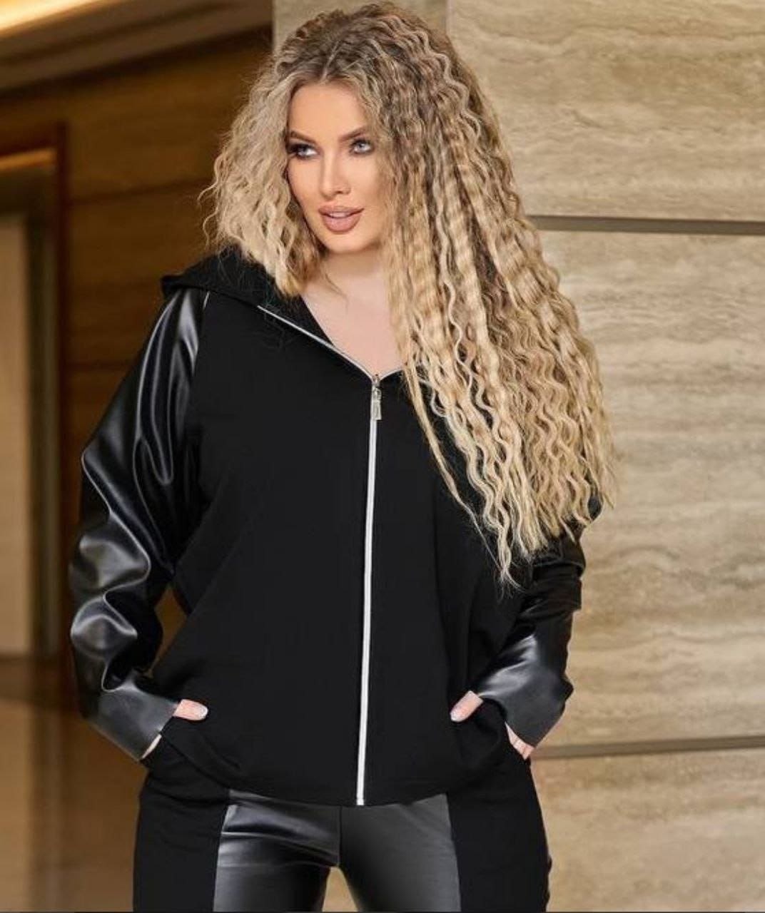 костюм комбинированный,стильные костюмы,женская кофта,костюмы двойки женские больших размеров,костюм брючный из экокожи модный