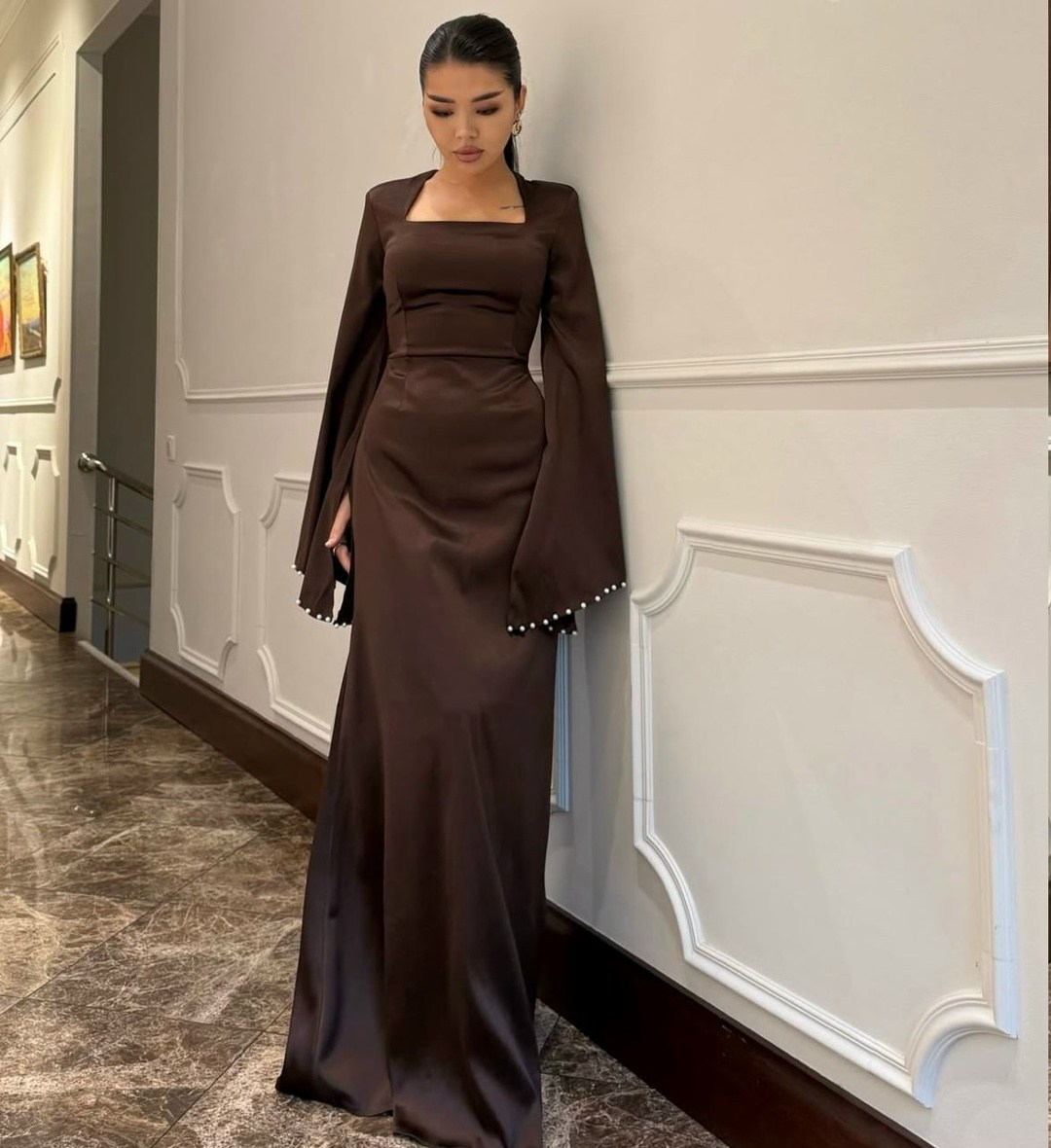 платье атласное,вечернее платье длинное,женские платья длинные,элегантное платье,вечернее платье с длинными рукавами