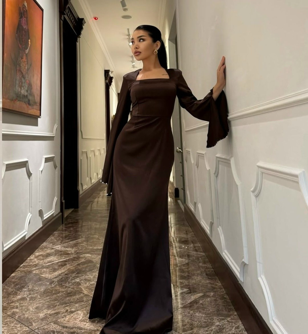 платье атласное,вечернее платье длинное,женские платья длинные,элегантное платье,вечернее платье с длинными рукавами