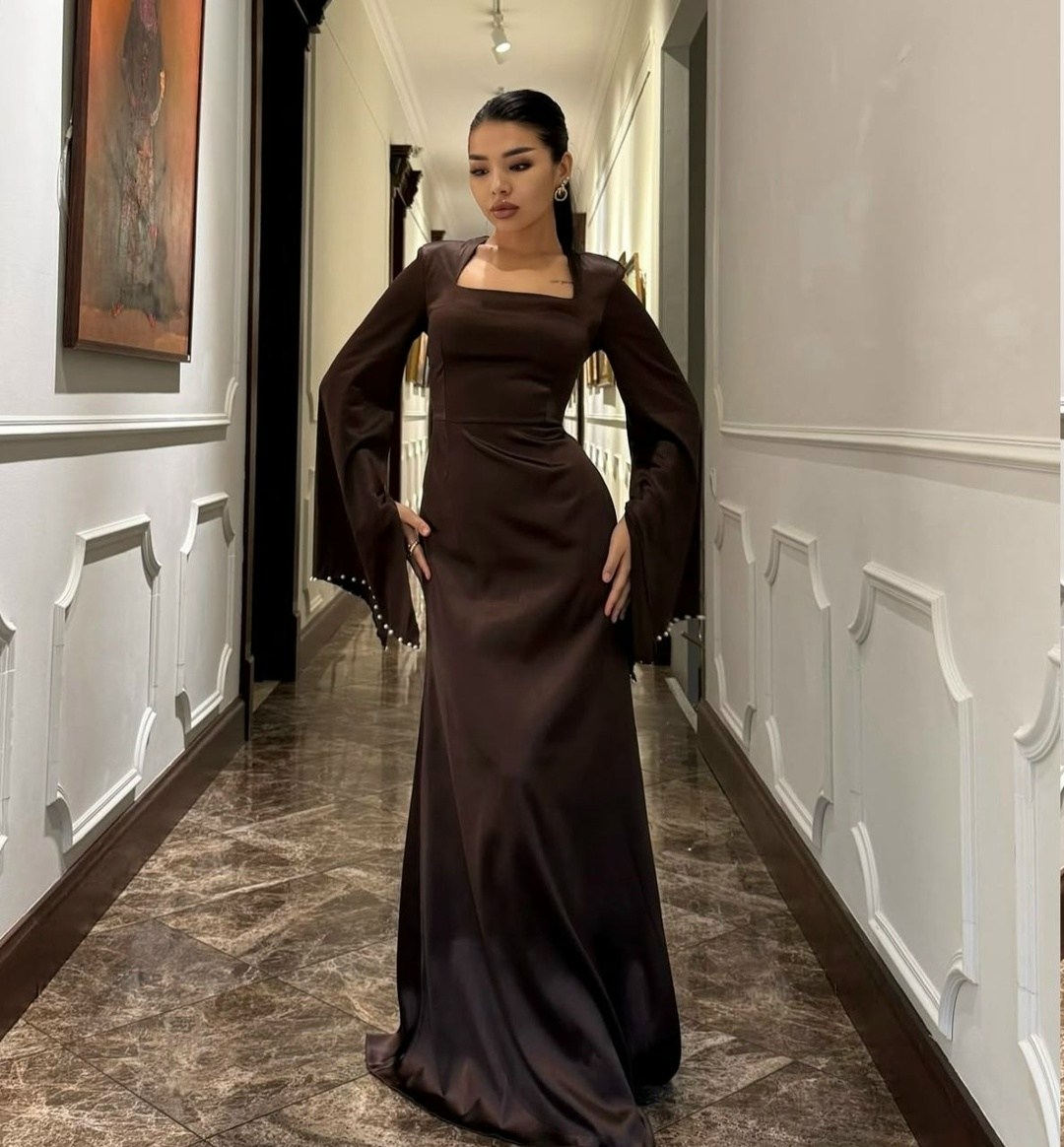 платье атласное,вечернее платье длинное,женские платья длинные,элегантное платье,вечернее платье с длинными рукавами
